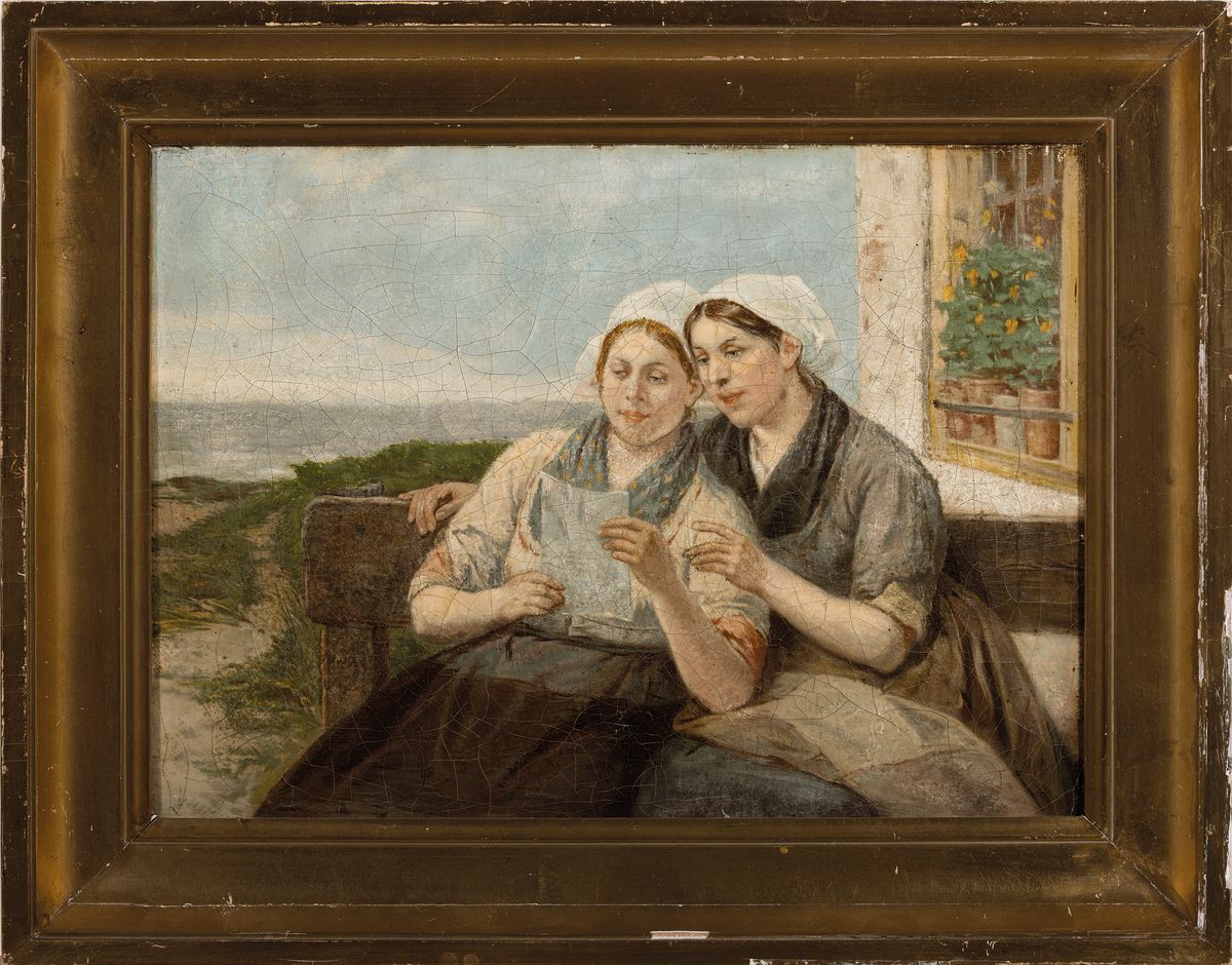 Detail k: Henri Jacques Bource, 1826-1899 Belgien, zwei junge Frauen beim Lesen eine Briefes, Öl/LWd, links unten undeutlich signiert, doubliert, ...
