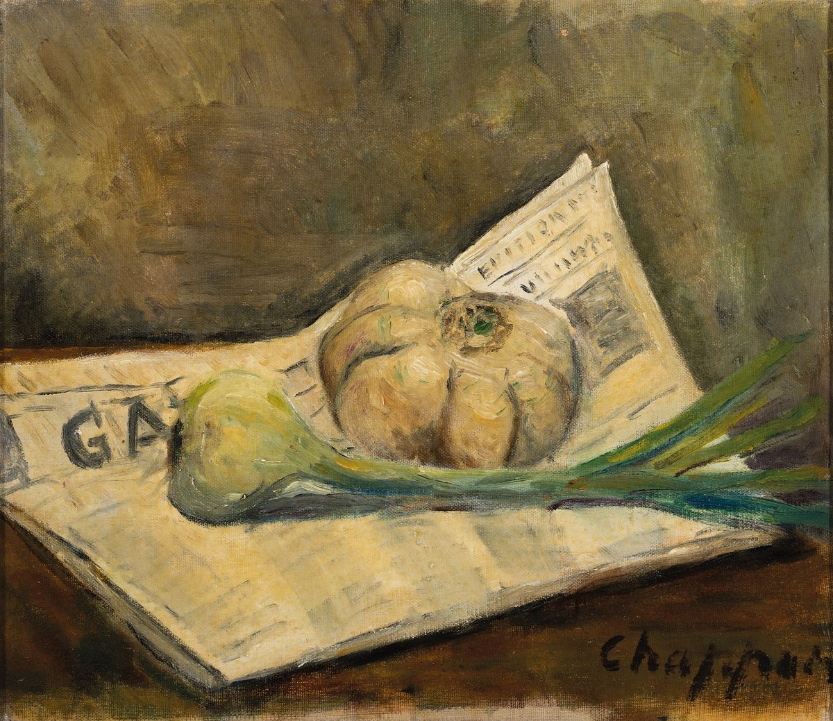 Emanuel Chappuis, geb. 1922, Stillleben mit Zeitung und Knoblauch, Öl/Lwd, rechts unten signiert, rückseitig Landschaftsskizze, ca. 30x35cm, R. ca. ...