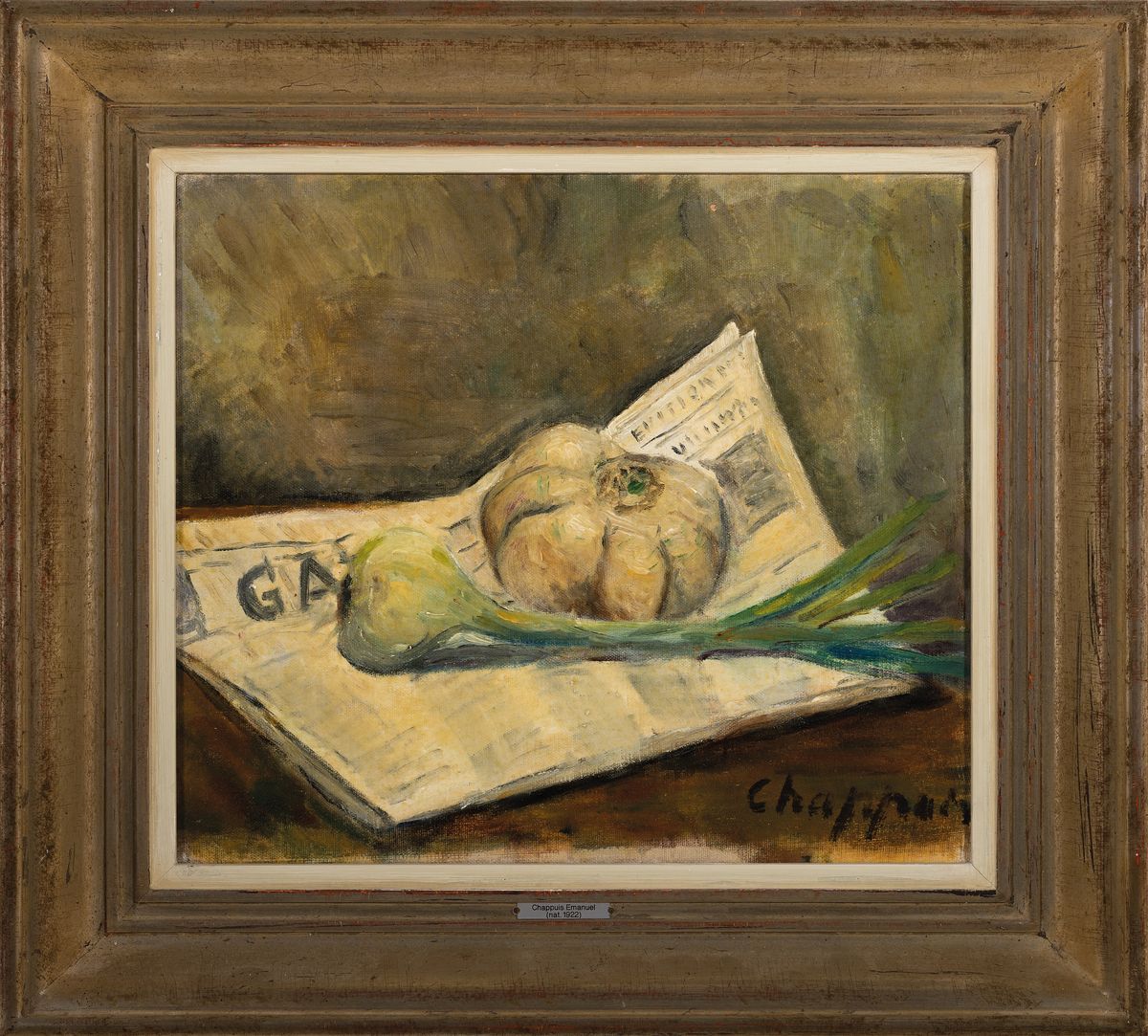 Detail k: Emanuel Chappuis, geb. 1922, Stillleben mit Zeitung und Knoblauch, Öl/Lwd, rechts unten signiert, rückseitig Landschaftsskizze, ca. 30x35cm, R. ca. ...