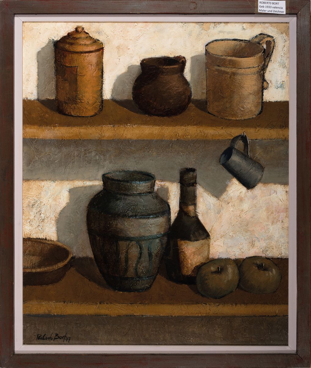 Roberto Bort geb. 1933 in Valencia, "Les Étagères" 1977, Stillleben mit Gefäßen und Äpfeln 59cm x 49cm, 64,5 cm x 55cm mit R., unten ...