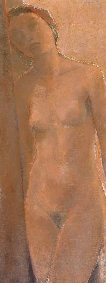 Roger Gerster, geb. 1939, stehender weiblicher Akt, Öl/Lwd, rechts oben signiert, ca. 96x37cm, R. ca. 105x46cm