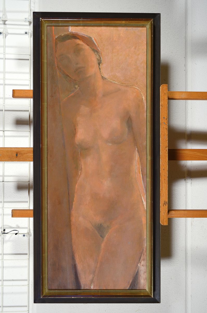 Detail k: Roger Gerster, geb. 1939, stehender weiblicher Akt, Öl/Lwd, rechts oben signiert, ca. 96x37cm, R. ca. 105x46cm