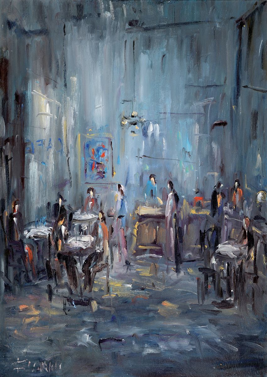 Fiorello Fiorini, zeitgen. Künstler, Im Café, Öl/Lwd, links unten signiert, ca. 70x50cm, R. ca. 74x54cm