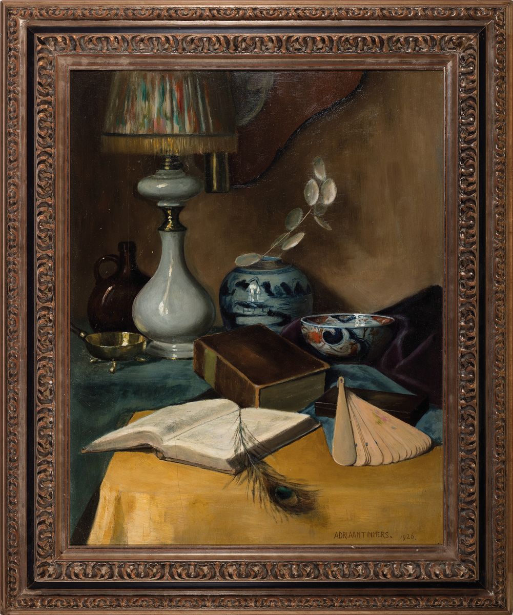 Detail k: Adriaan Timmers, 1886-1952, Stillleben mit Büchern, Fächer und chinesischem Porzellan, Öl/Hol, rechts unten sign. und dat. 1926, ca. 60x47cm, R. ...