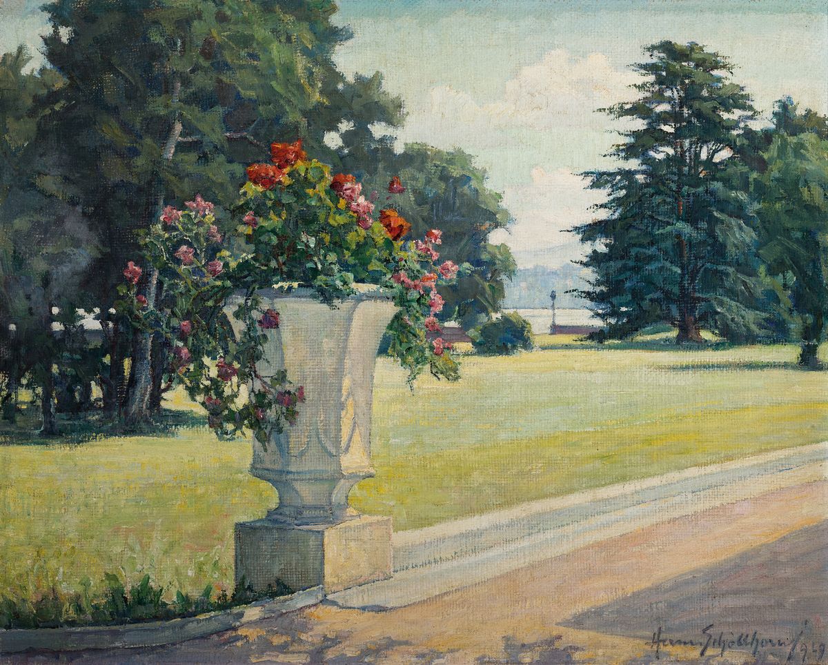 Hans Schoellhorn, 1892 Winterthur-1983, Blick in einen Park, Öl/Lwd, rechts unten sign. und dat. 49, ca. 48x60cm, R. ca. 54x66cm