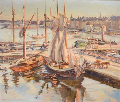 Image M. Saurandez, dated 1926 (?), view probably over a French harbor with numerous sailing ships, signed and dated 1926 lower left, oil/canvas, 77x91 cm, frame 98x110 cm