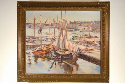 26616800k - M. Saurandez, dated 1926 (?), view probably over a French harbor with numerous sailing ships, signed and dated 1926 lower left, oil/canvas, 77x91 cm, frame 98x110 cm