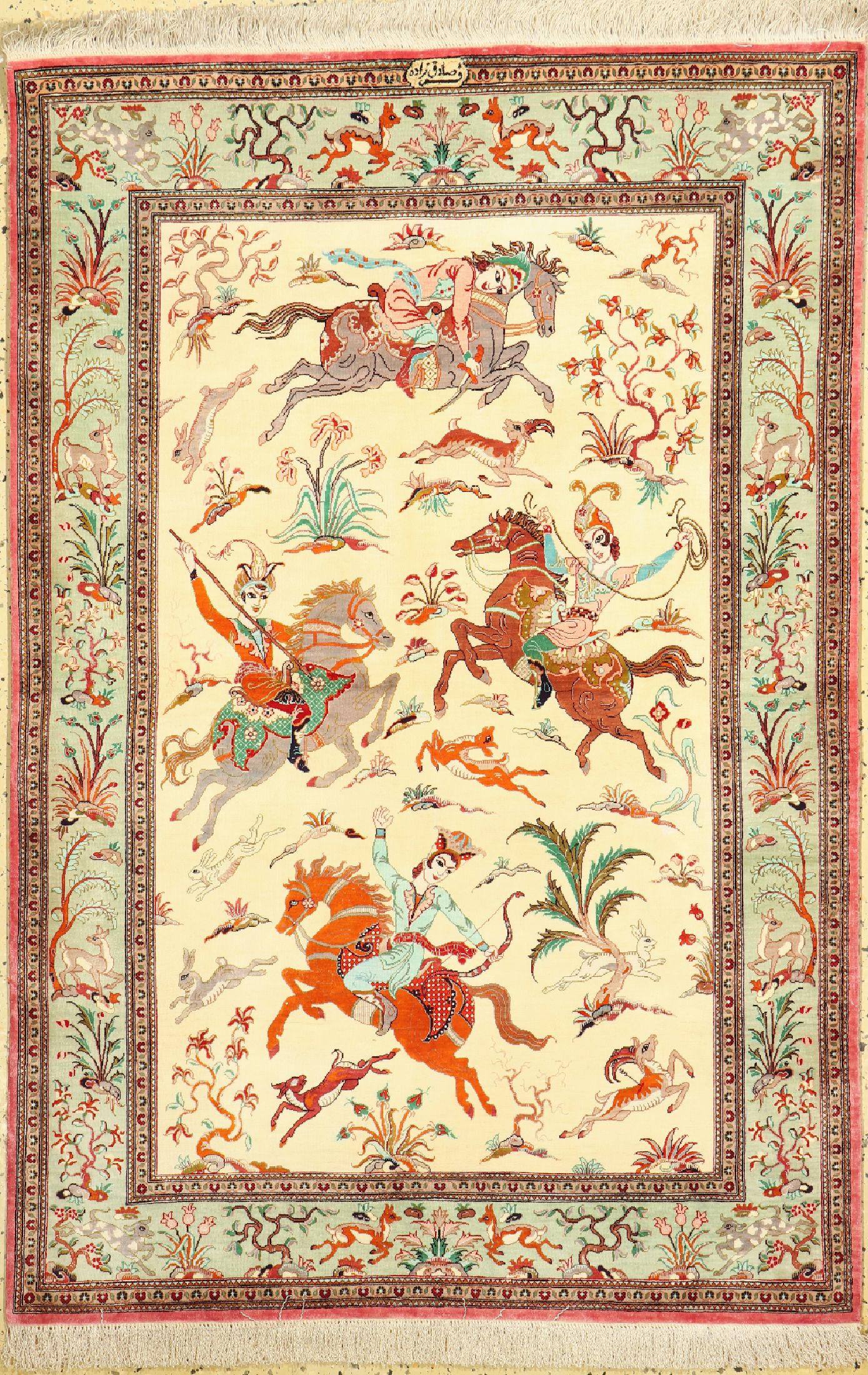 Ghom Seide fein, Persien, signiert(Sadeghzadeh), ca. 40 Jahre, reine Naturseide, ca. 155 x 103 cm, EHZ: 1-2