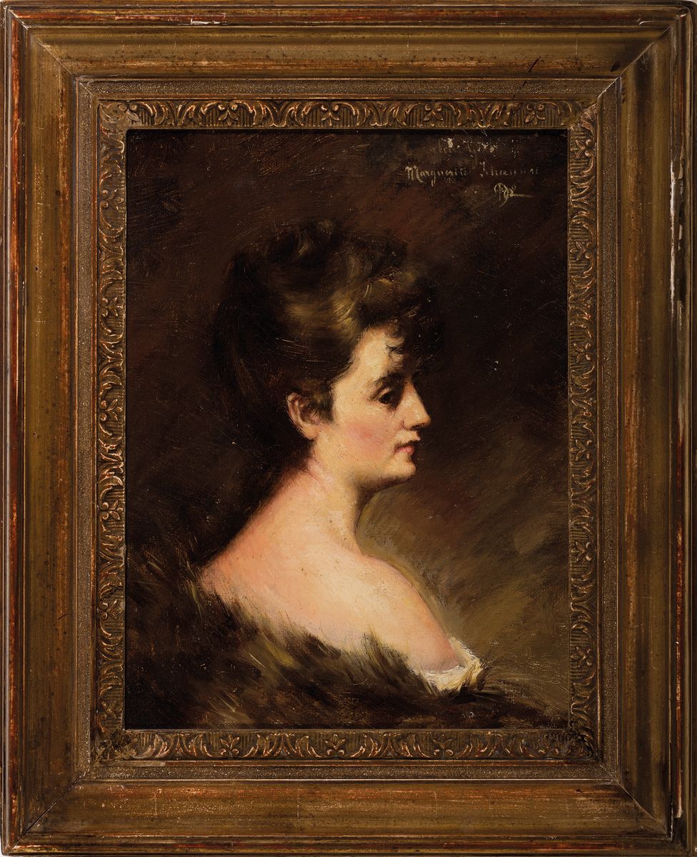 Detail k: Unbekannter Künstler, Frankreich, um 1900, Porträt einer Frau mit Pelzkragen, über die Schulter blickend, Öl/Lwd, rechts oben sign. Marguerite ...