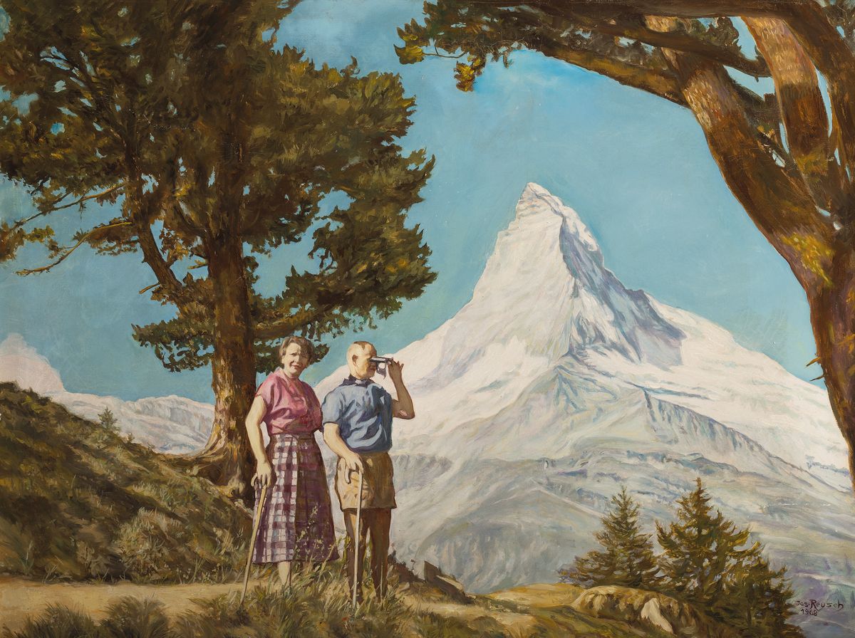 Josef Reusch, 1887 Lechernich-1976 Wiesbaden, zwei Wanderer vor dem Matterhorn, Öl/Lwd, mit kleinem Lwd-Riss, rechts unten sign. und dat. 1968, ca. ...
