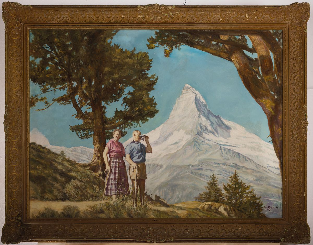 Detail k: Josef Reusch, 1887 Lechernich-1976 Wiesbaden, zwei Wanderer vor dem Matterhorn, Öl/Lwd, mit kleinem Lwd-Riss, rechts unten sign. und dat. 1968, ca. ...
