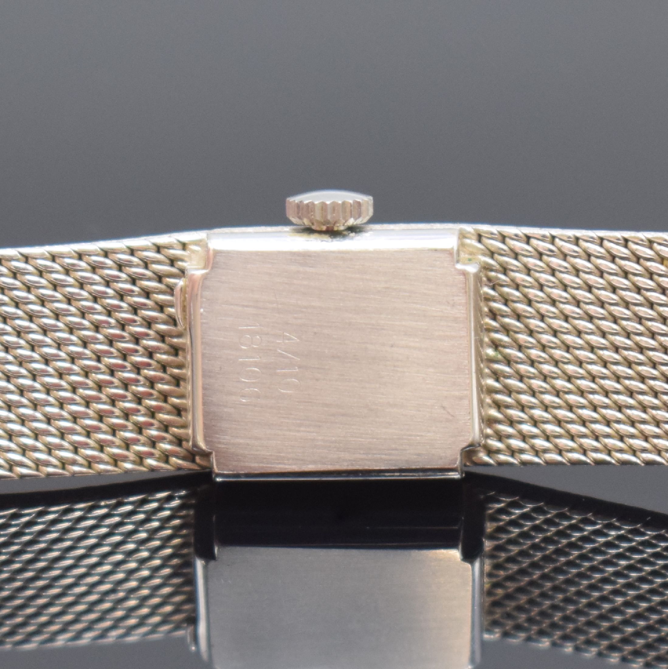 Detail c: DUBOIS Damenarmbanduhr in WG 750/000, Schweiz um 1965, Handaufzug, Boden aufgedr., silb. Zifferbl. m. aufges. Std.-Ind., schwarze Zeiger, rotverg. ...