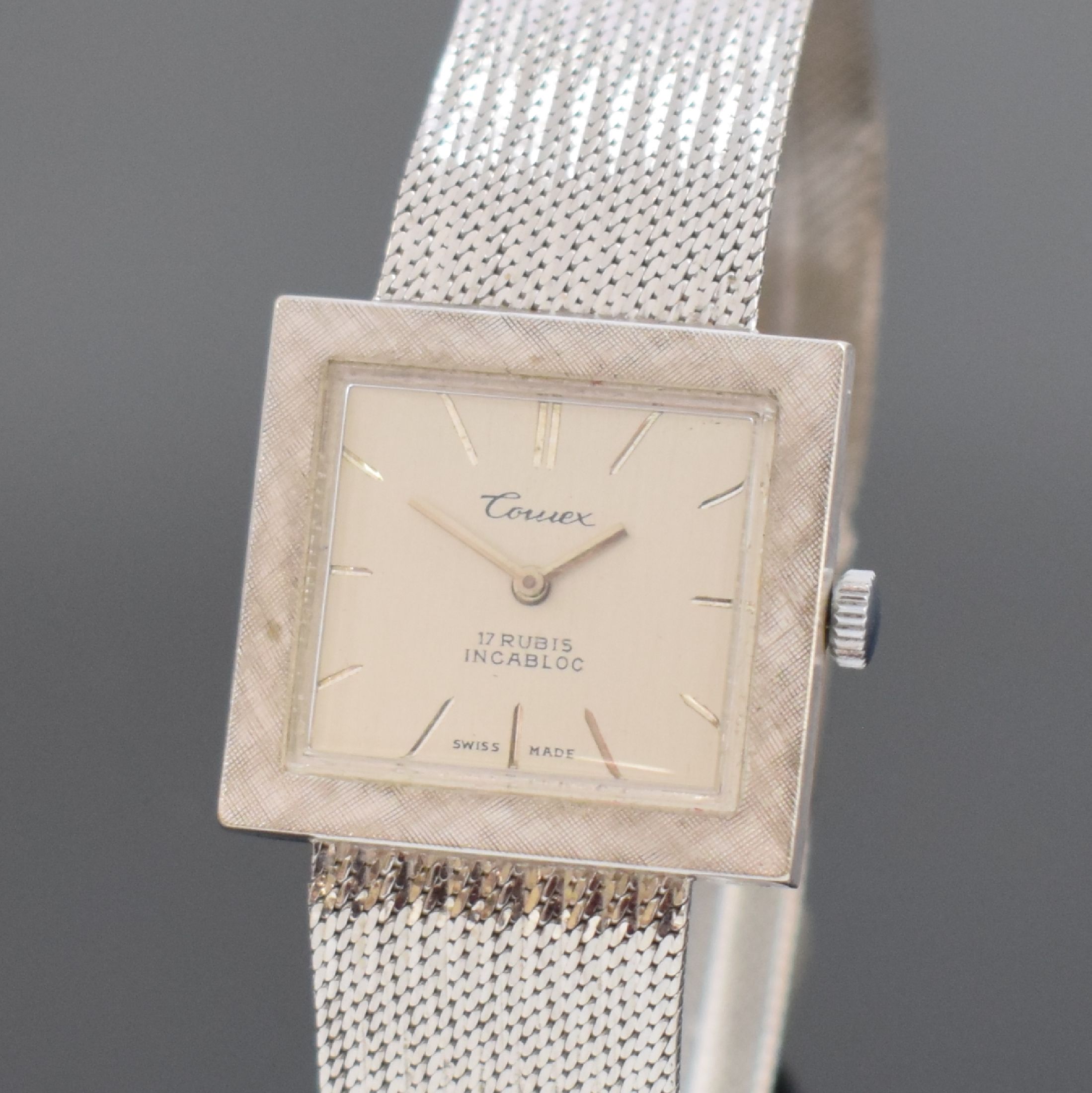 Detail a: COMEX Armbanduhr in WG 585/000, Schweiz um 1960, Handaufzug, 2-teil. Geh., Boden aufgedr., silb. Zifferbl. m. aufges. Std.- Ind., silb. Zeiger, ...