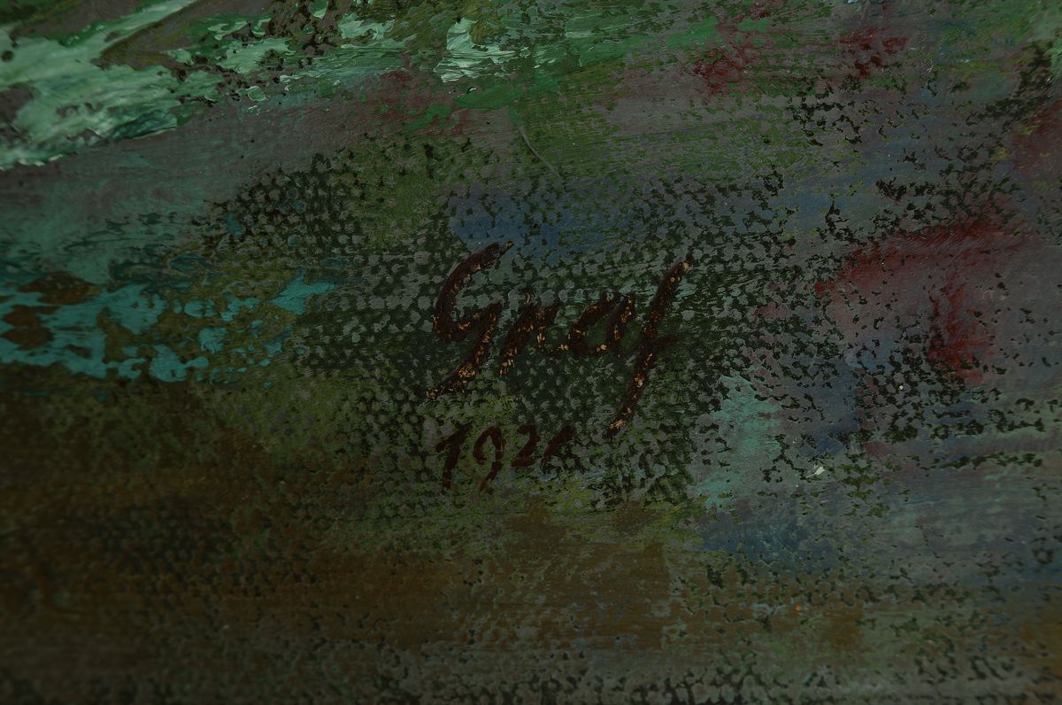 Detail a: Karl Graf, 1902-1986 Speyer, Frühwerk des "Malers der Pfalz", Blick auf die kleine Kalmit mit Kapelle "Mater Dolorosa", stark ...