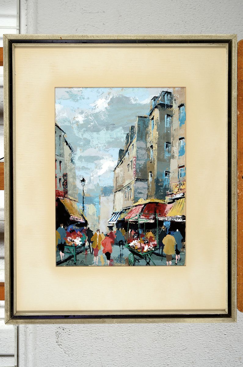 Detail k: Robert Mutti, zeitgenössischer Künstler, ansässig in Spanien, geboren in Brescia Italien, hier: Ansicht von Paris, Tempera/ Papier, signiert und ...