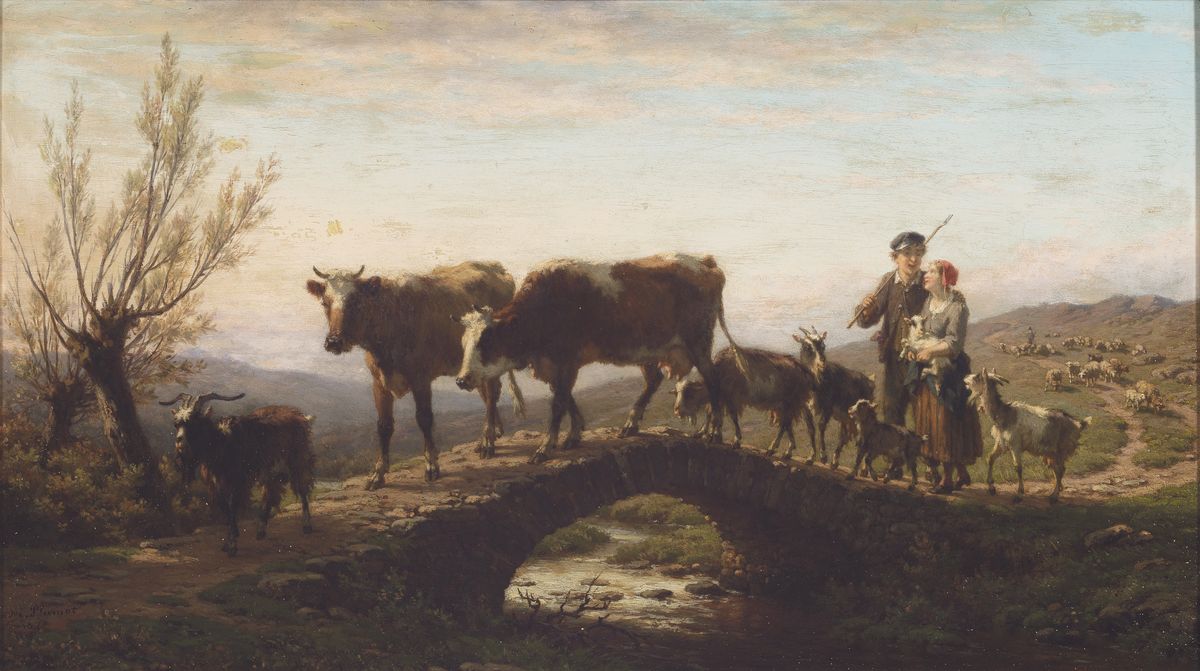 André Plumot, 1829 - 1906,, Schäferpaar mit Tieren in sanfter Hügellandschaft mit kleiner Steinbrücke, Öl/Mahagoni, li. u. signiert und dat. ...