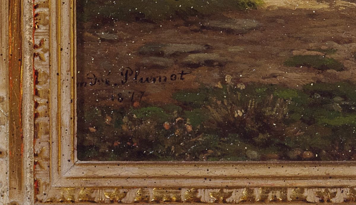 Detail a: André Plumot, 1829 - 1906,, Schäferpaar mit Tieren in sanfter Hügellandschaft mit kleiner Steinbrücke, Öl/Mahagoni, li. u. signiert und dat. ...