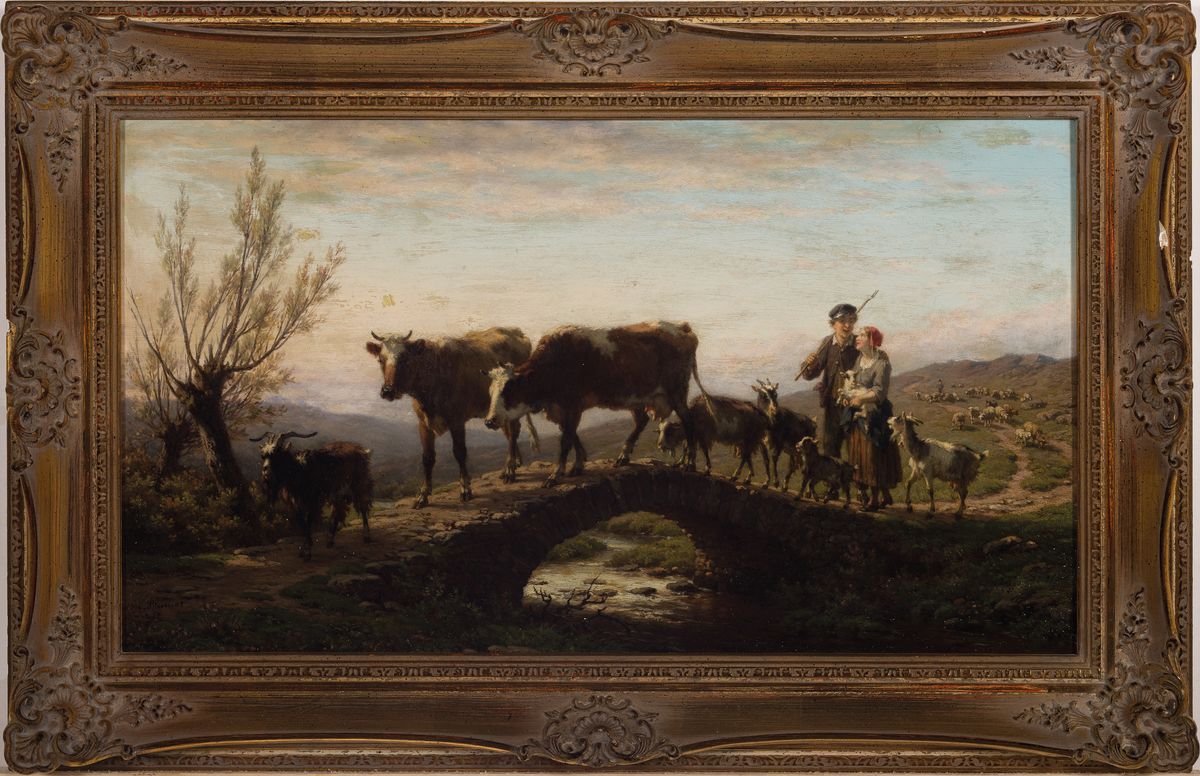 Detail k: André Plumot, 1829 - 1906,, Schäferpaar mit Tieren in sanfter Hügellandschaft mit kleiner Steinbrücke, Öl/Mahagoni, li. u. signiert und dat. ...