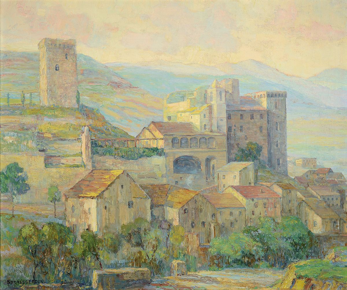 Walter K. Strassberger, 1879 - 1960, tätig in Kassel, wohl sommerliche Toskanalandschaft, li. u. signiert, Öl/Lwd, ca. 74 x 90 cm, Rahmen 79 x 93 cm