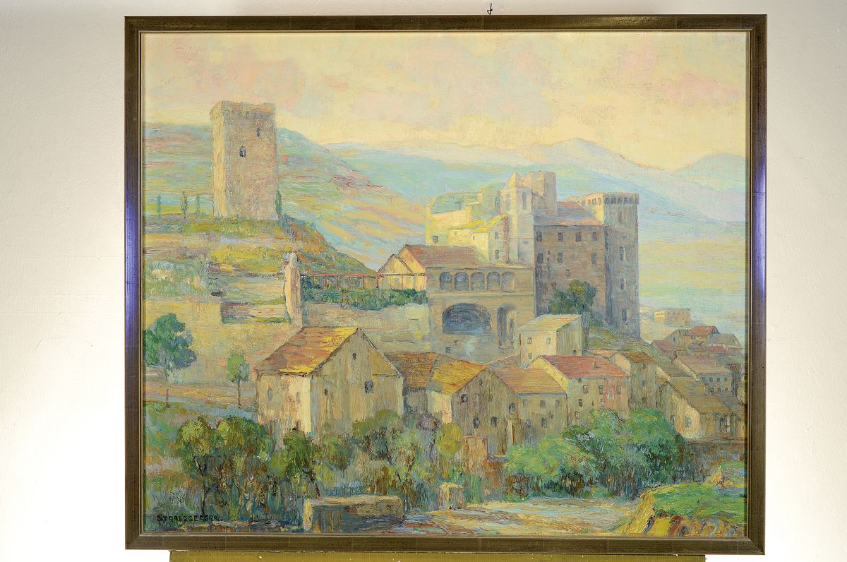 Detail k: Walter K. Strassberger, 1879 - 1960, tätig in Kassel, wohl sommerliche Toskanalandschaft, li. u. signiert, Öl/Lwd, ca. 74 x 90 cm, Rahmen 79 x 93 cm