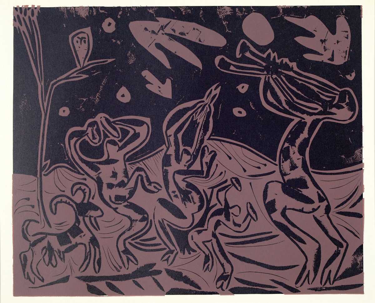 Pablo Picasso, 1881-1973, "Les danseurs au Hibou", Farblinolschnitt, Vergl. Bloch 936, PP, Blatt ca. 31,5x38 cm, gesamt ca. 40x50 cm