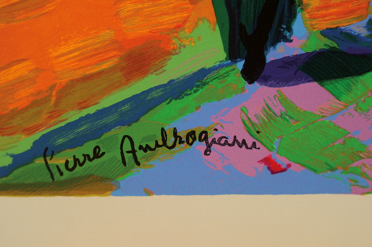 Detail a: Pierre Ambrogiani, geb. 1985, "Vue provencale", Farbholzschnitt auf Bütten, Les Heures Claires um 1960, Raymond Jacquet, Paris, ca. 40x59 ...