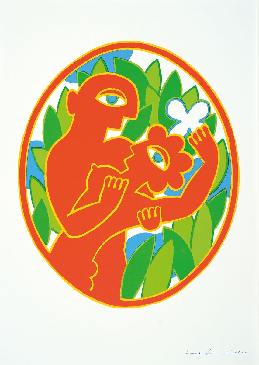 Hebert Schneider, geb. 1983, "Umarmung", Farbserigrafie, im Druck sign., Drucker/Verlag: Bruckmann, München 1979, PP, Motiv ca. 58x41 cm, ...