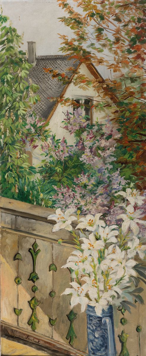 Anna Bentinck, 1880-1951, Blick über den Balkon mit Lilienstrauss auf das Nachbarhaus, Öl/Lwd, links unten signiert, ca. 120x50cm, Rahmen ca. ...