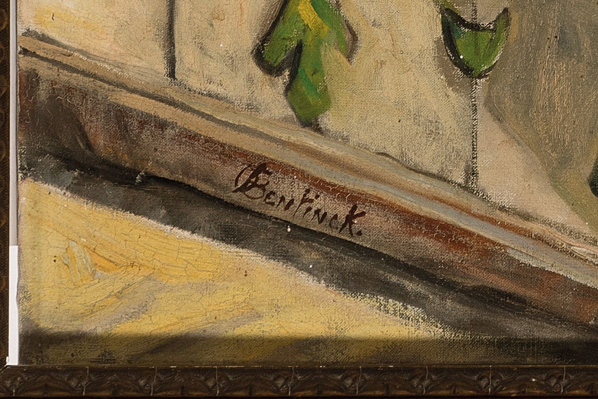 Detail a: Anna Bentinck, 1880-1951, Blick über den Balkon mit Lilienstrauss auf das Nachbarhaus, Öl/Lwd, links unten signiert, ca. 120x50cm, Rahmen ca. ...