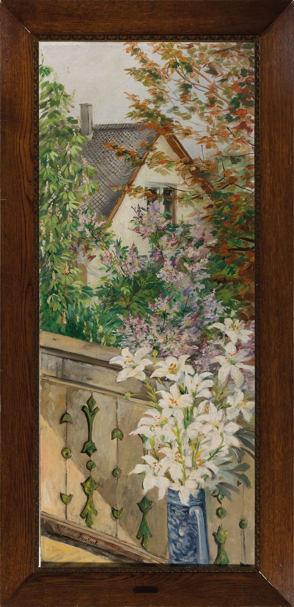 Detail k: Anna Bentinck, 1880-1951, Blick über den Balkon mit Lilienstrauss auf das Nachbarhaus, Öl/Lwd, links unten signiert, ca. 120x50cm, Rahmen ca. ...