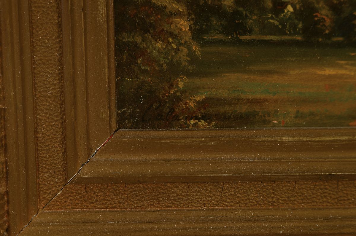 Detail a: Alexandre Calamé, 1810 Vevey-1864 Menton, Landschaft im Hochgebirge, im Vordergrund ein Tal mit großem Gebäude, Öl/Malkarton, links unten ...
