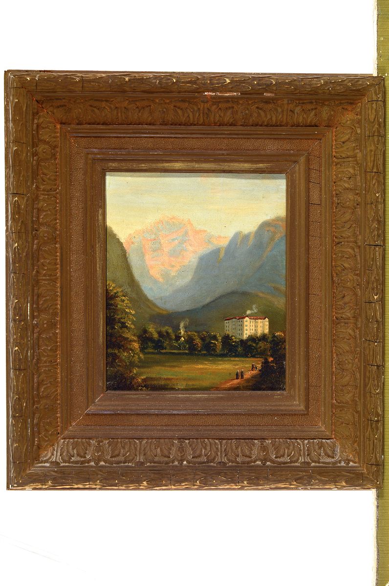Detail k: Alexandre Calamé, 1810 Vevey-1864 Menton, Landschaft im Hochgebirge, im Vordergrund ein Tal mit großem Gebäude, Öl/Malkarton, links unten ...
