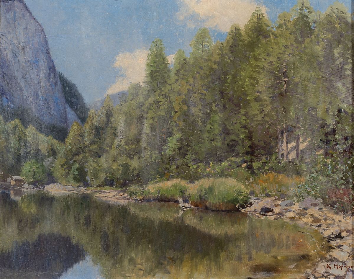 Karl Hofmann, 1852 Lienz-1926 Innsbruck, Baum bestandener Weiher im Gebirge, Öl/ Malkarton, rechts unten signiert, helle impressionistische ...