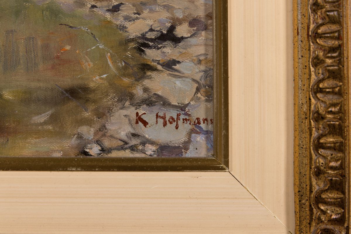 Detail a: Karl Hofmann, 1852 Lienz-1926 Innsbruck, Baum bestandener Weiher im Gebirge, Öl/ Malkarton, rechts unten signiert, helle impressionistische ...