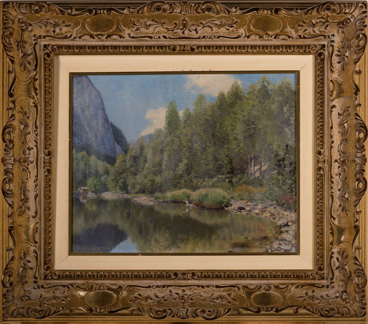 Detail k: Karl Hofmann, 1852 Lienz-1926 Innsbruck, Baum bestandener Weiher im Gebirge, Öl/ Malkarton, rechts unten signiert, helle impressionistische ...