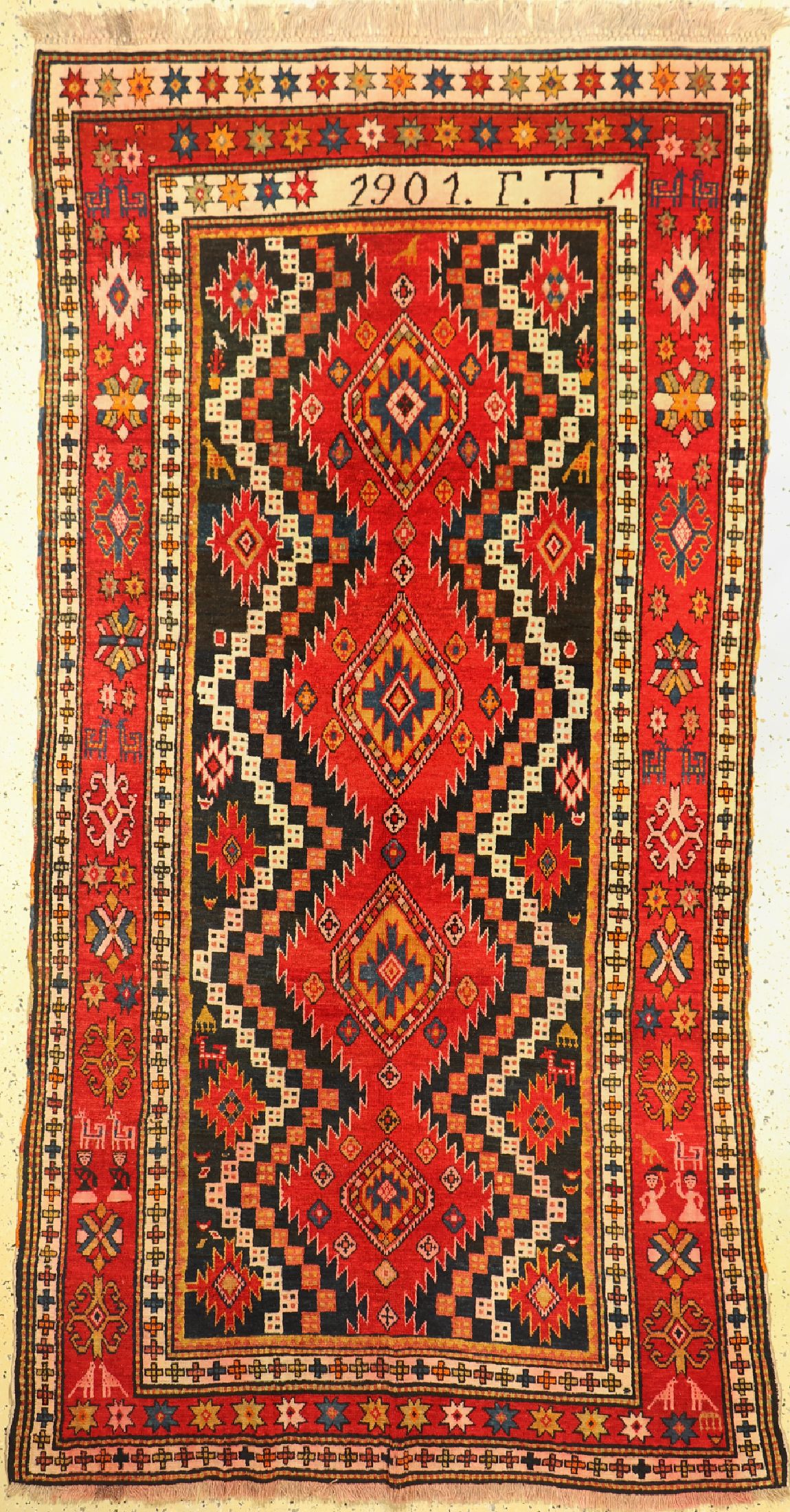 Karabagh antik, Kaukasus, datiert 1901, Wolle auf Wolle, ca. 280 x 150 cm, leicht verfärbt, EHZ: 2, kleine Restaurierung