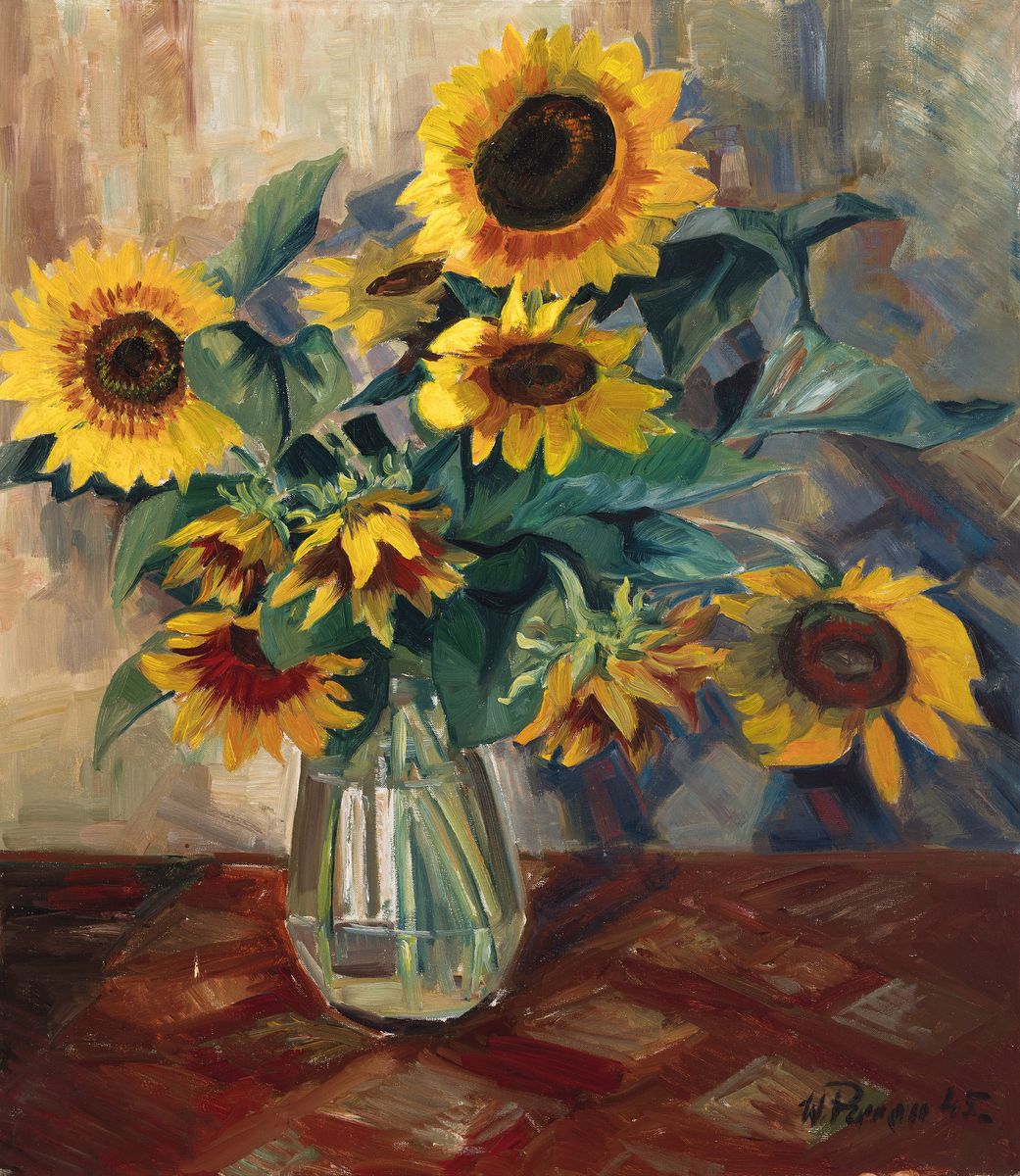 Walter Perron, 1895-1970 Frankenthal/Pfalz, künstlerische Ausbildung in Mannheim und Frankfurt, Blumenstillleben mit Sonnenblumen, rechts unten ...
