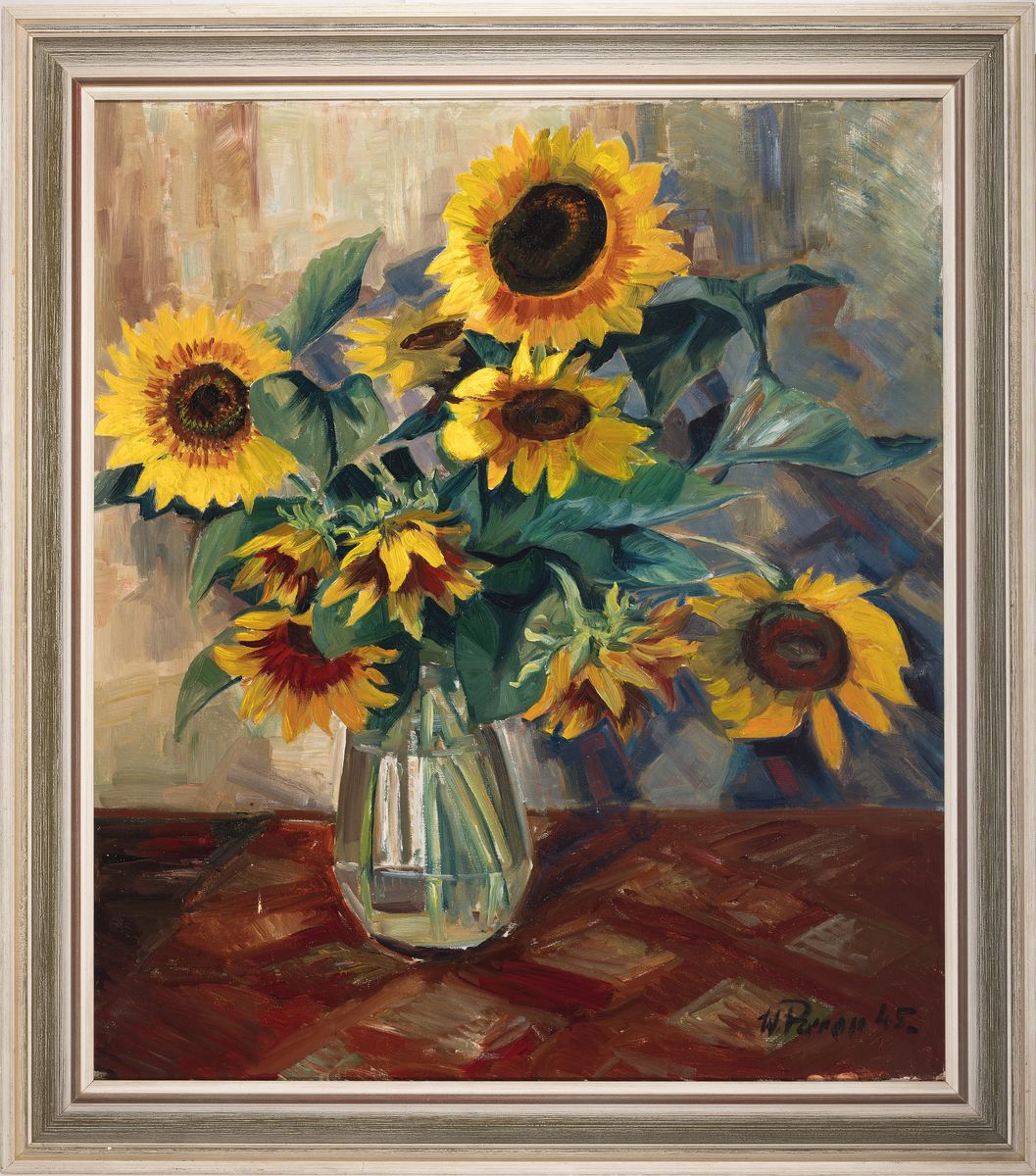 Detail k: Walter Perron, 1895-1970 Frankenthal/Pfalz, künstlerische Ausbildung in Mannheim und Frankfurt, Blumenstillleben mit Sonnenblumen, rechts unten ...
