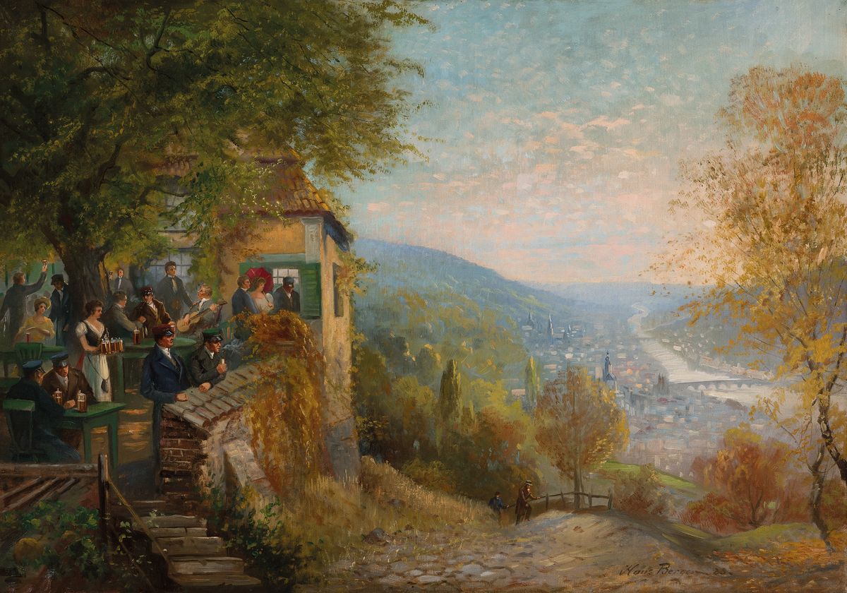 Hans Berger, datiert (19)23, feiernde Studenten über der Altstadt von Heidelberg, Blick vom historischen Schützenhaus, rechts unten signiert und ...