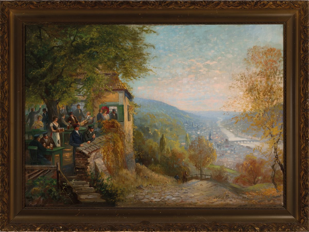 Detail k: Hans Berger, datiert (19)23, feiernde Studenten über der Altstadt von Heidelberg, Blick vom historischen Schützenhaus, rechts unten signiert und ...