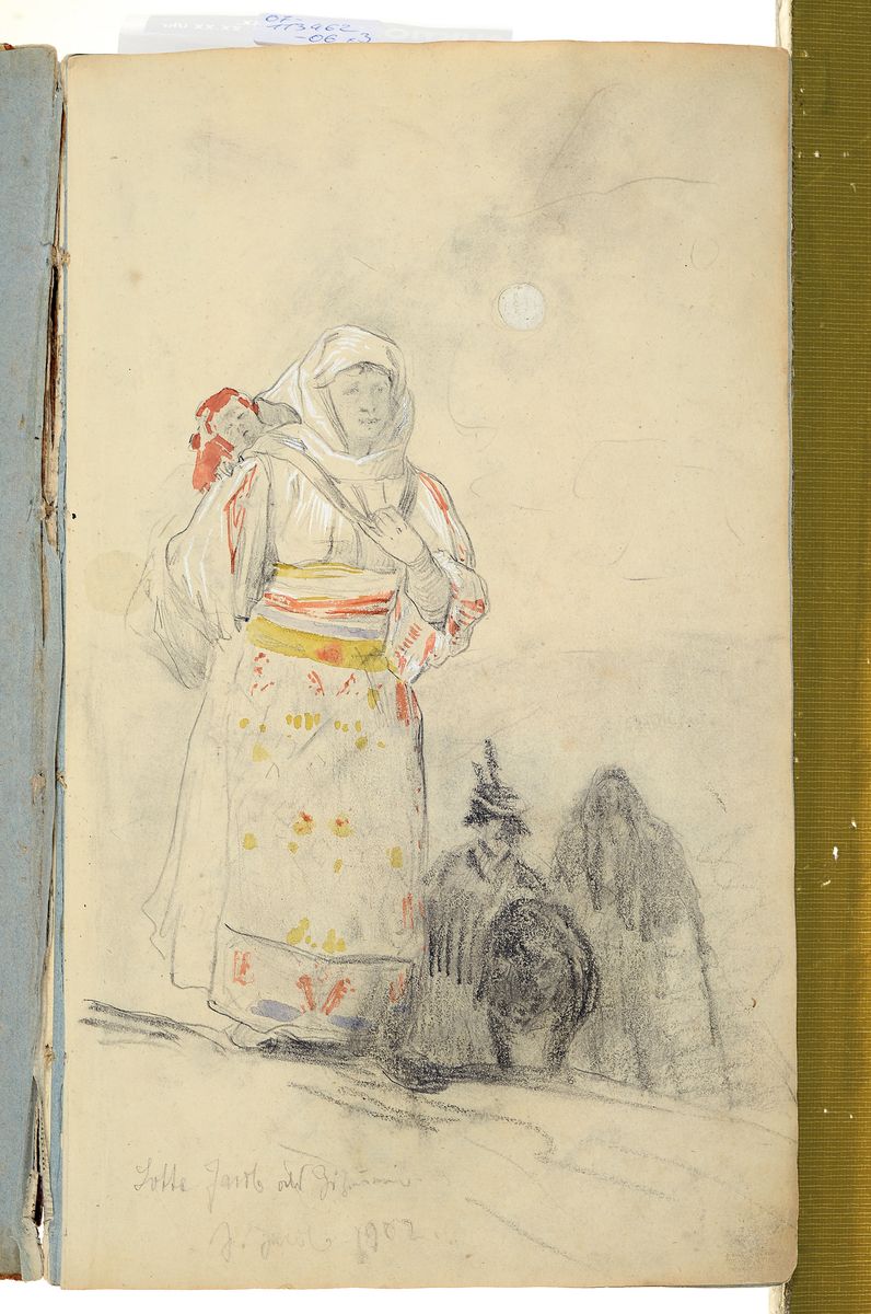 Detail k: Julius Jacob d.J., 1842-1929 Berlin, Skizzenbuch und drei skizzenhafte Aquarelle, Skizzenbuch mit einer Vielzahl an überwiegend eingeklebten Skizzen ...