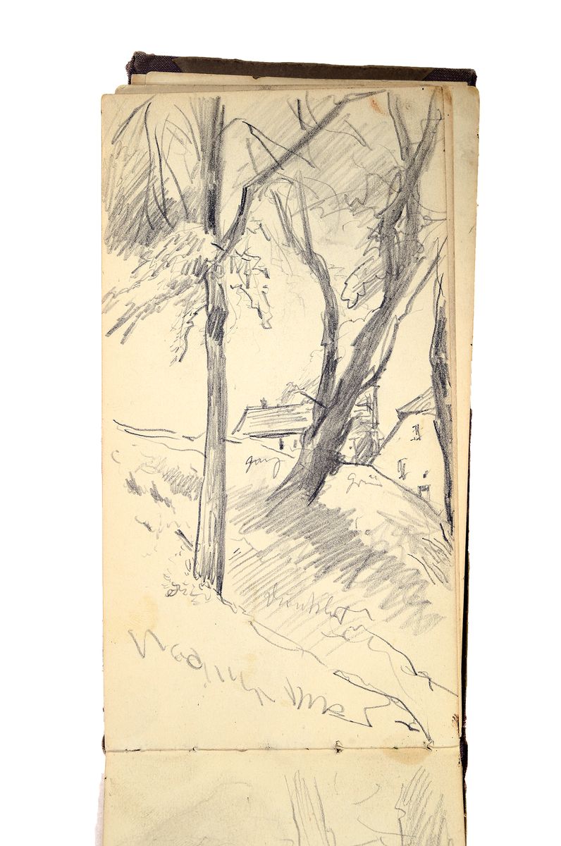 Julius Jacob d.J., 1842-1929 Berlin, Landschaftsstudie einer sommerlichen Allee, Öl/Karton, signiert 18x27 cm; Skizzenbuch, auf dem Deckel datiert ...