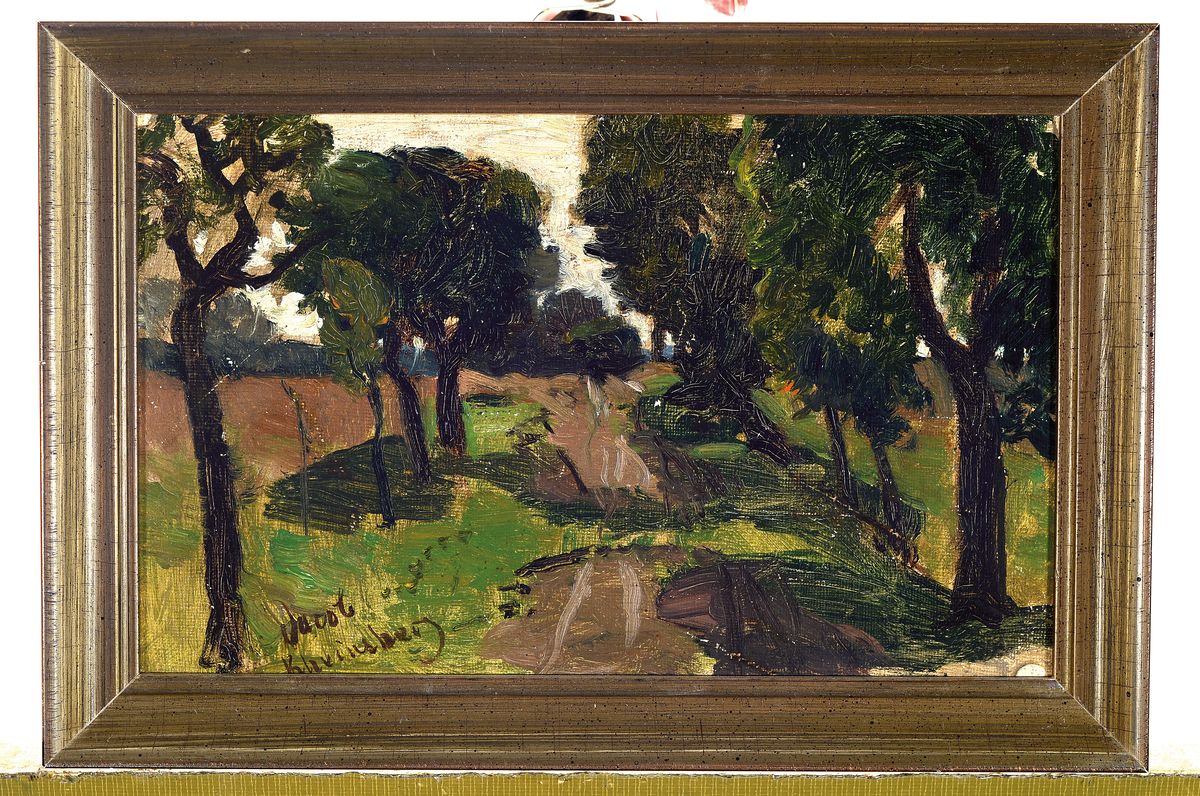 Detail k: Julius Jacob d.J., 1842-1929 Berlin, Landschaftsstudie einer sommerlichen Allee, Öl/Karton, signiert 18x27 cm; Skizzenbuch, auf dem Deckel datiert ...