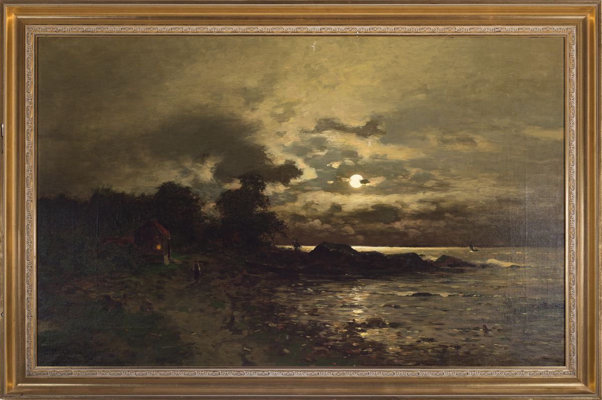 Detail k: A. Thorgren, dänischer Künstler des 19./20.Jh., Küstenlandschaft bei Vollmond, signiert, öL/Lwd, Rahmen 68x100 cm