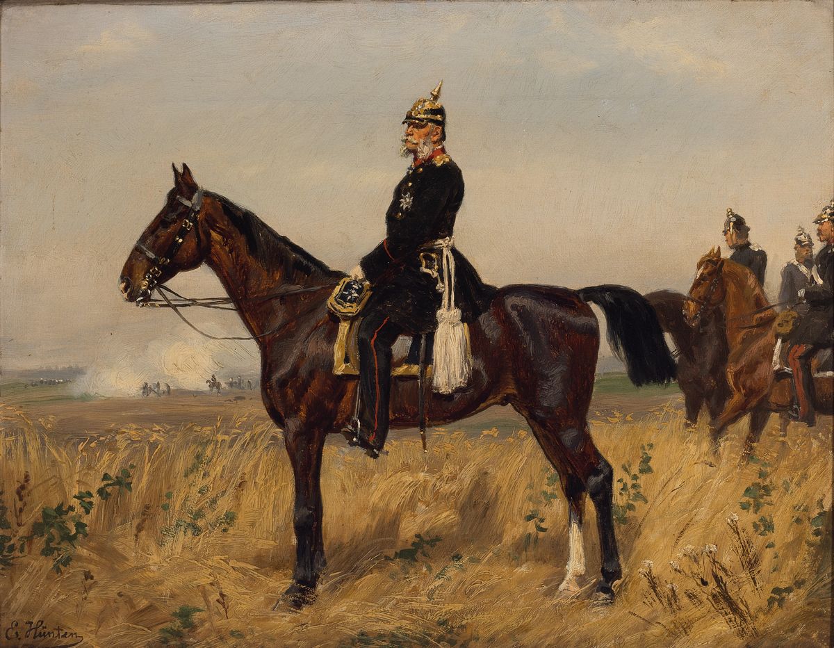 Emil Hünten, 1827 Paris-1902 Düsseldorf, Kaiser Wilhelm I. zu Pferde, ganzfigurige Ansicht im Profil, im Hintergrund Rauchschwaden eines Gefechts, ...