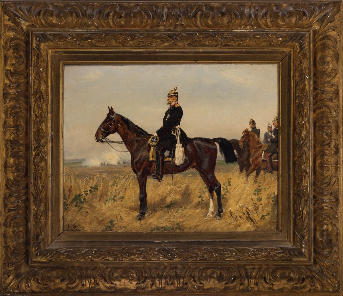 Detail k: Emil Hünten, 1827 Paris-1902 Düsseldorf, Kaiser Wilhelm I. zu Pferde, ganzfigurige Ansicht im Profil, im Hintergrund Rauchschwaden eines Gefechts, ...
