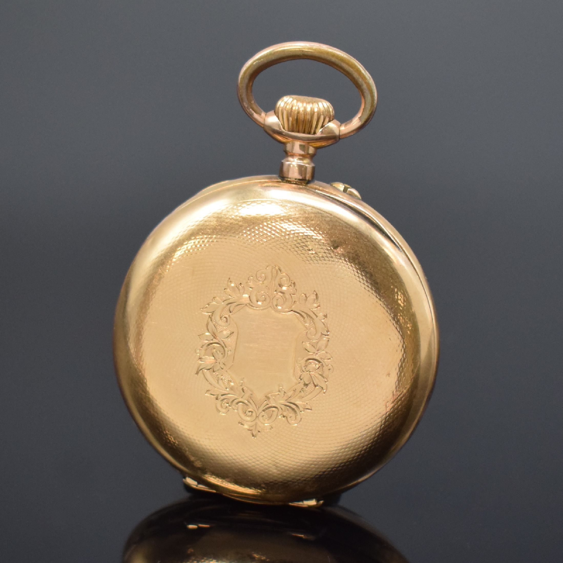 Detail a: TEUTONIA offene Taschenuhr in RG 585/000, Schweiz um 1900, Metallcuvette, Emailzifferbl. m. arab. Zahlen, 24-Std.-Aufkleber sp., gold. Zeiger, verg. ...
