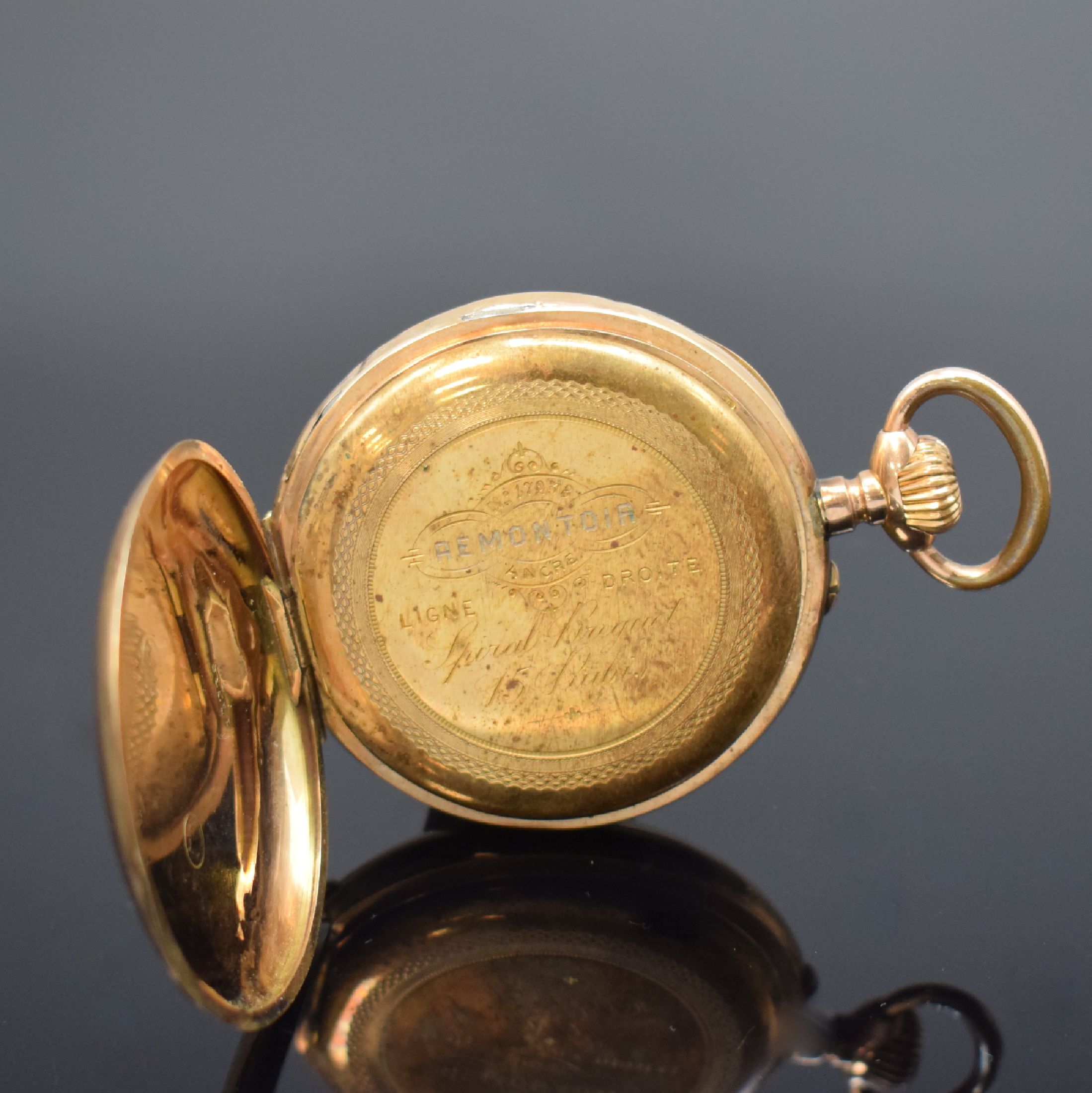 Detail c: TEUTONIA offene Taschenuhr in RG 585/000, Schweiz um 1900, Metallcuvette, Emailzifferbl. m. arab. Zahlen, 24-Std.-Aufkleber sp., gold. Zeiger, verg. ...