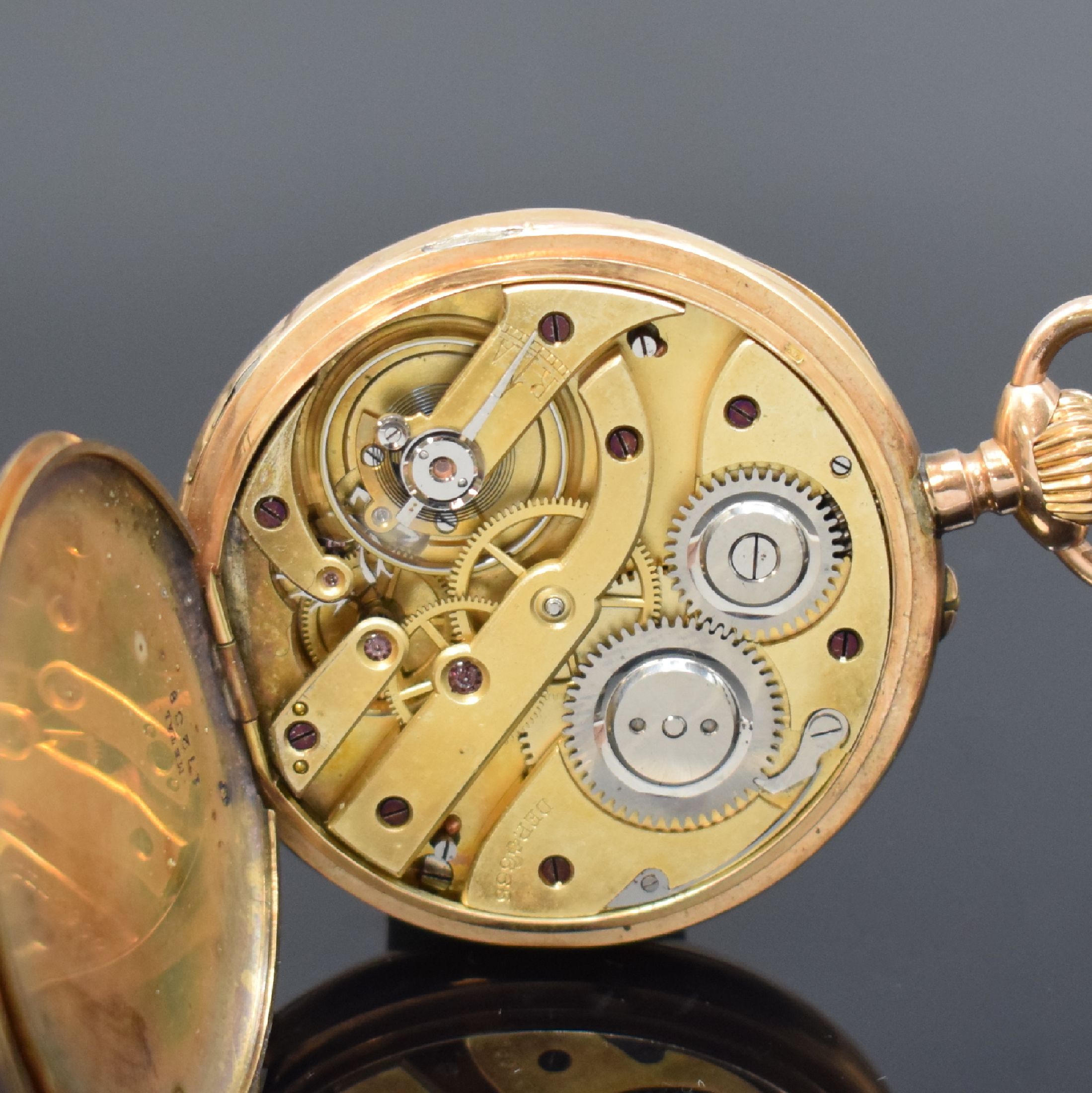 Detail e: TEUTONIA offene Taschenuhr in RG 585/000, Schweiz um 1900, Metallcuvette, Emailzifferbl. m. arab. Zahlen, 24-Std.-Aufkleber sp., gold. Zeiger, verg. ...