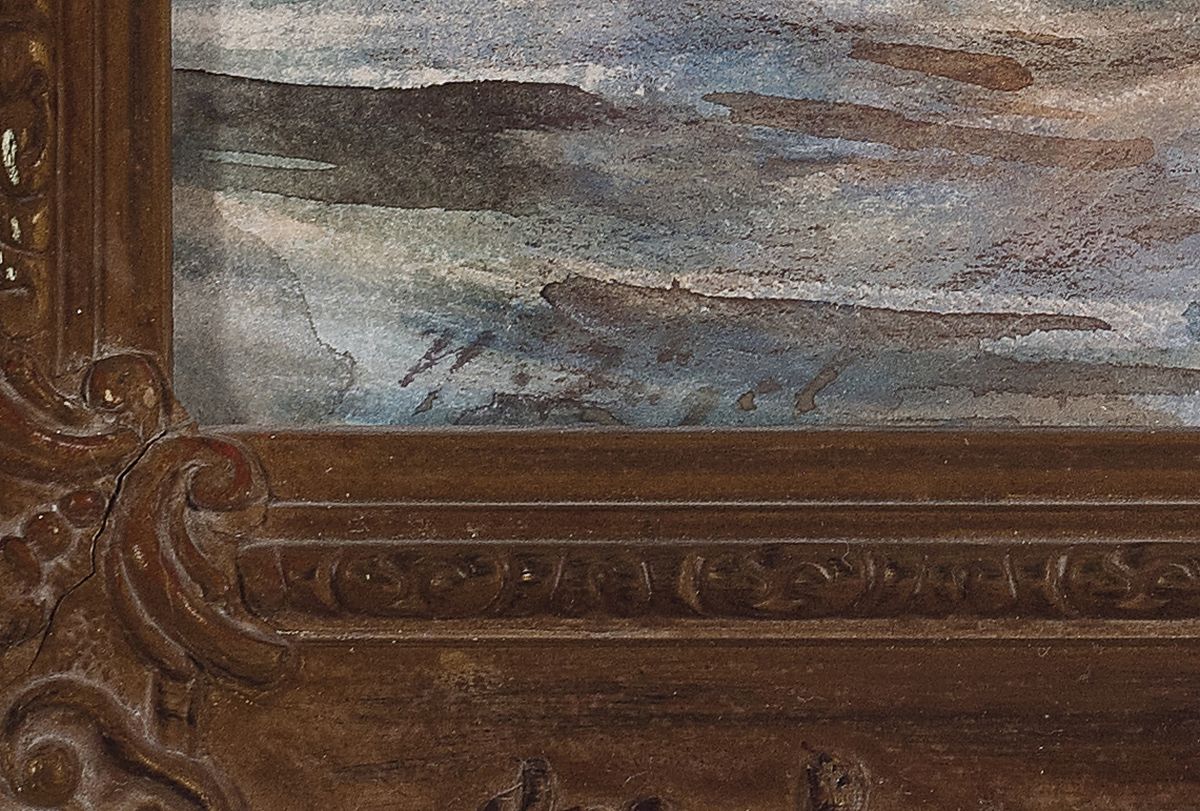 Detail a: Heinrich von Zügel, 1850 Murrhardt-1941 München, Aquarell/Pastell auf Papier, "Jungereitet mit zwei Ochsen durch die Furt", um 1907 ...